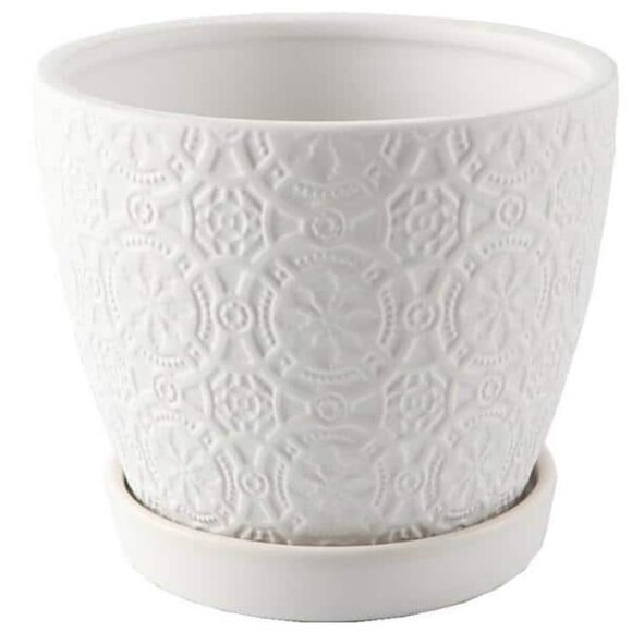 5.5 in. Chrysanthemum Small White Textured Ceramic Pot with Attached Saucer - Picture 1 of 2